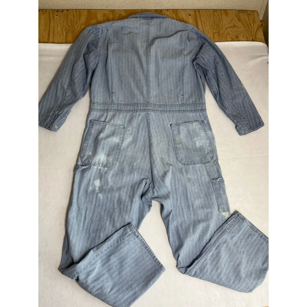 Vintage Dickies Coveralls Faded Blue Herringbone Twill Workwear Jumpsuit Cotton
